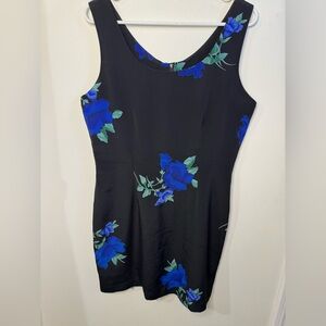 VTG 90s La Belle Mini Dress Womens Sleeveless Black w/Blue Floral Size 11